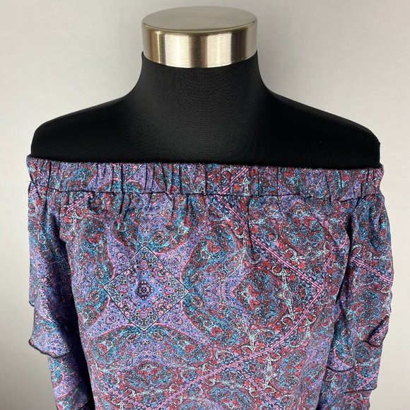 Ella Moss S Patterned Off The Shoulder Rayon Blouse Tiered Ruffle Bell Sleeves - Picture 3 of 12